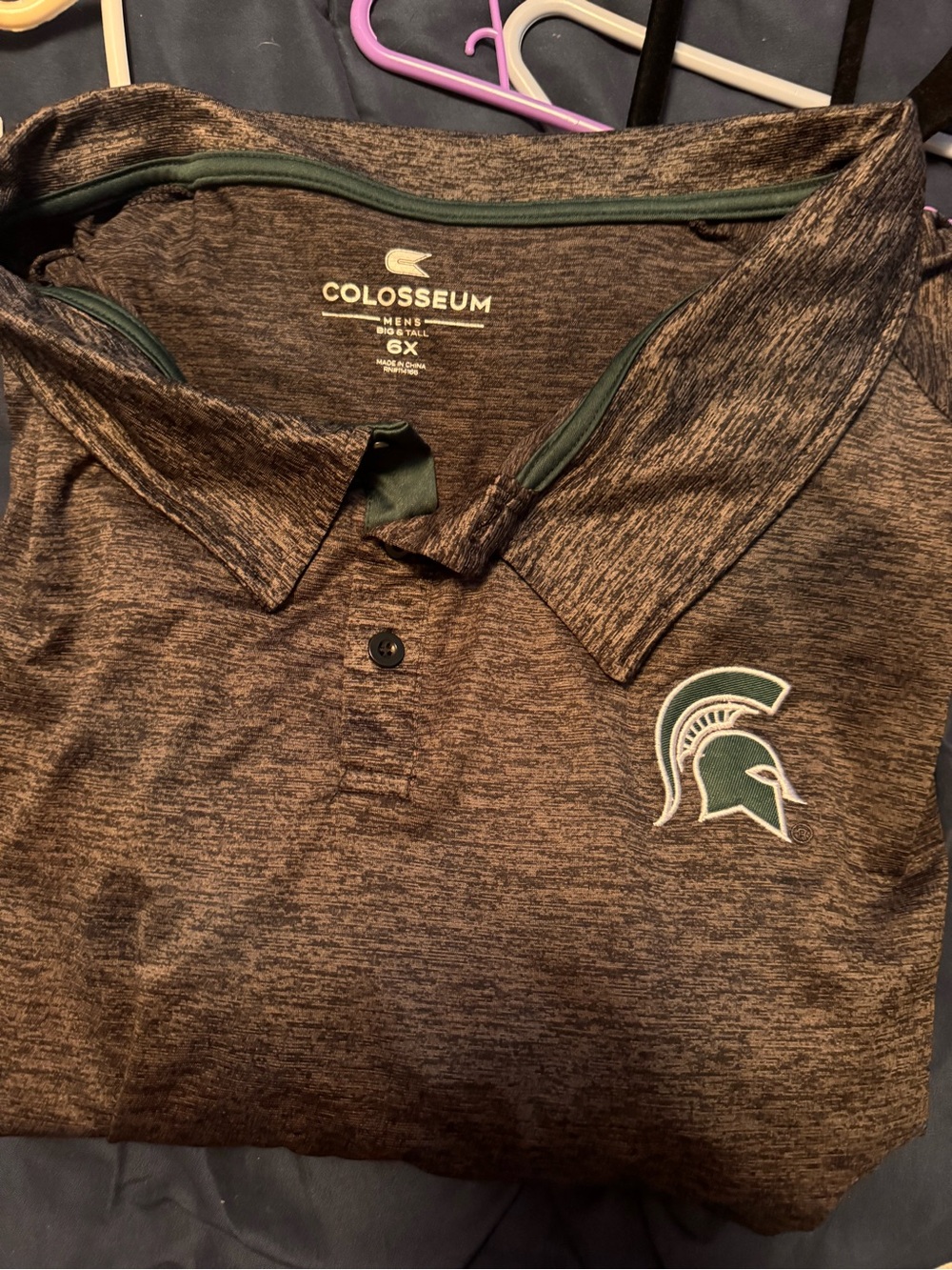Colosseum Big and Talk Men's Grey Heather Polo with Green Spartan Emblem